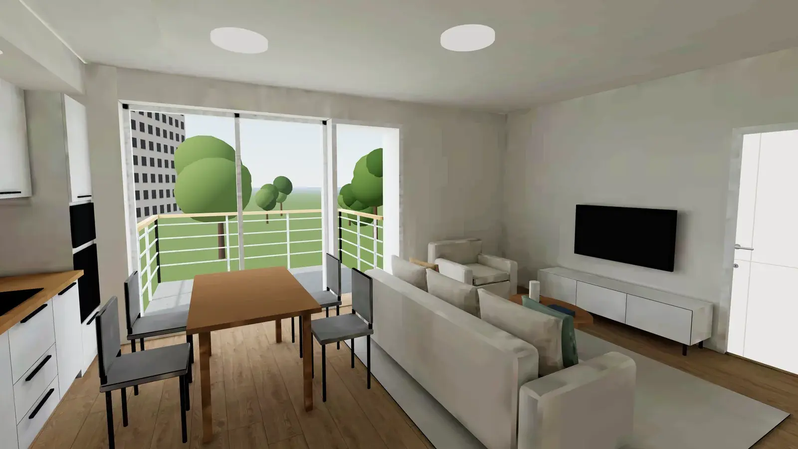 Living room of a furnished new-build flat in the 3D tour