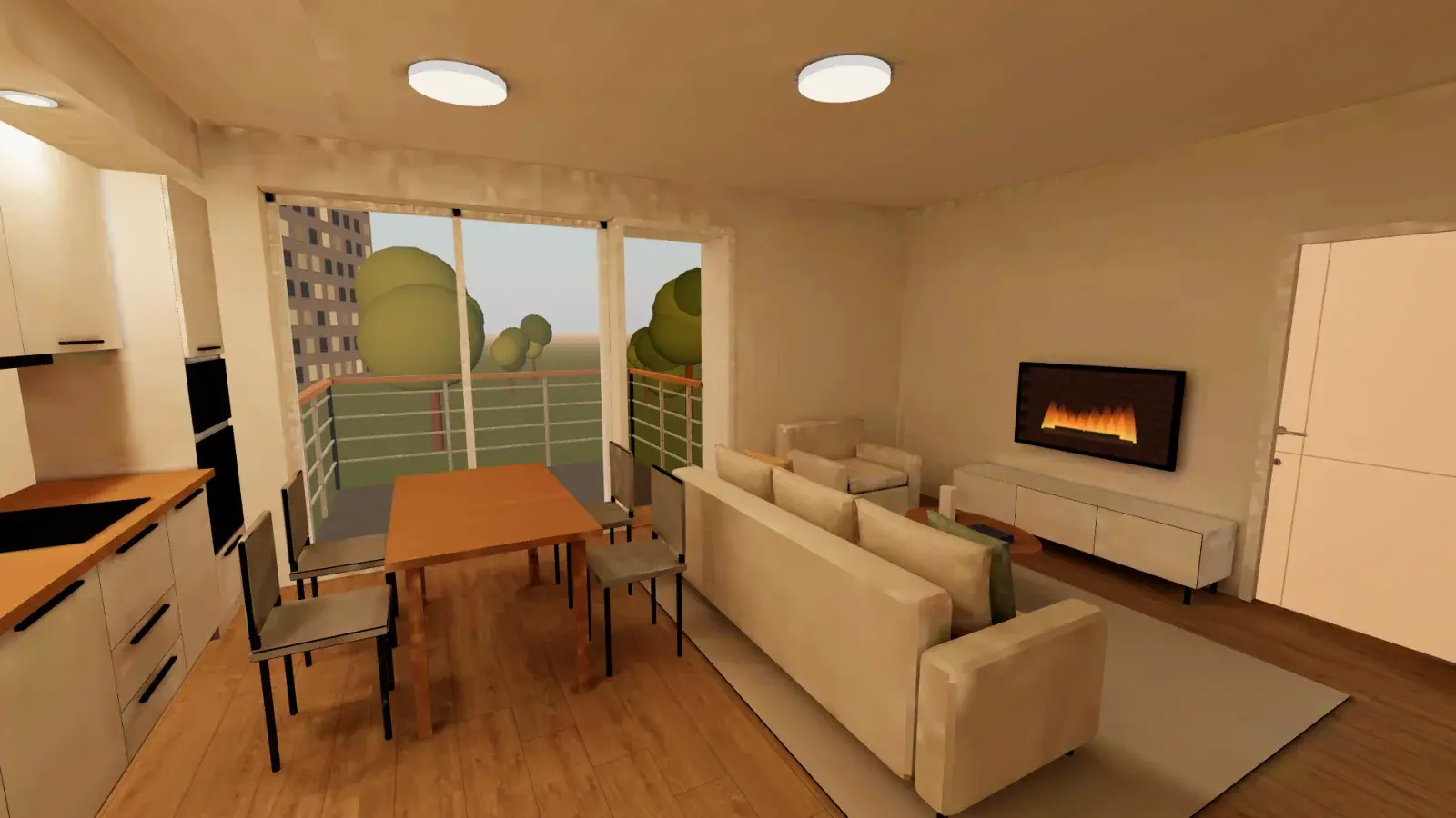 Living room in the evening with a fireplace channel on the TV